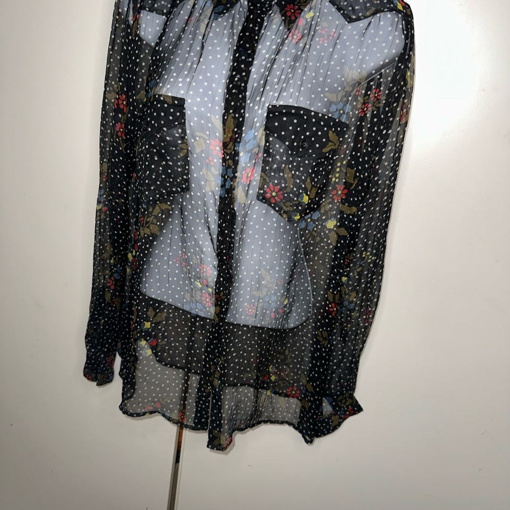 Diesel Black Sheer Blouse with Floral and Polka Dot Pattern
